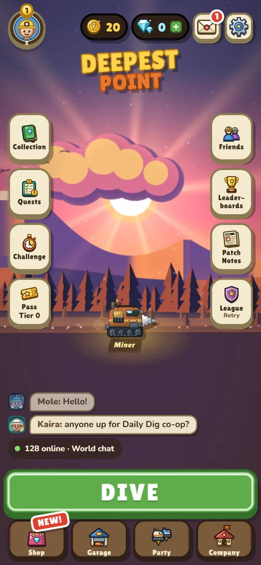 On a phone held upright: the lobby at sunset, with World chat and the big Dive button